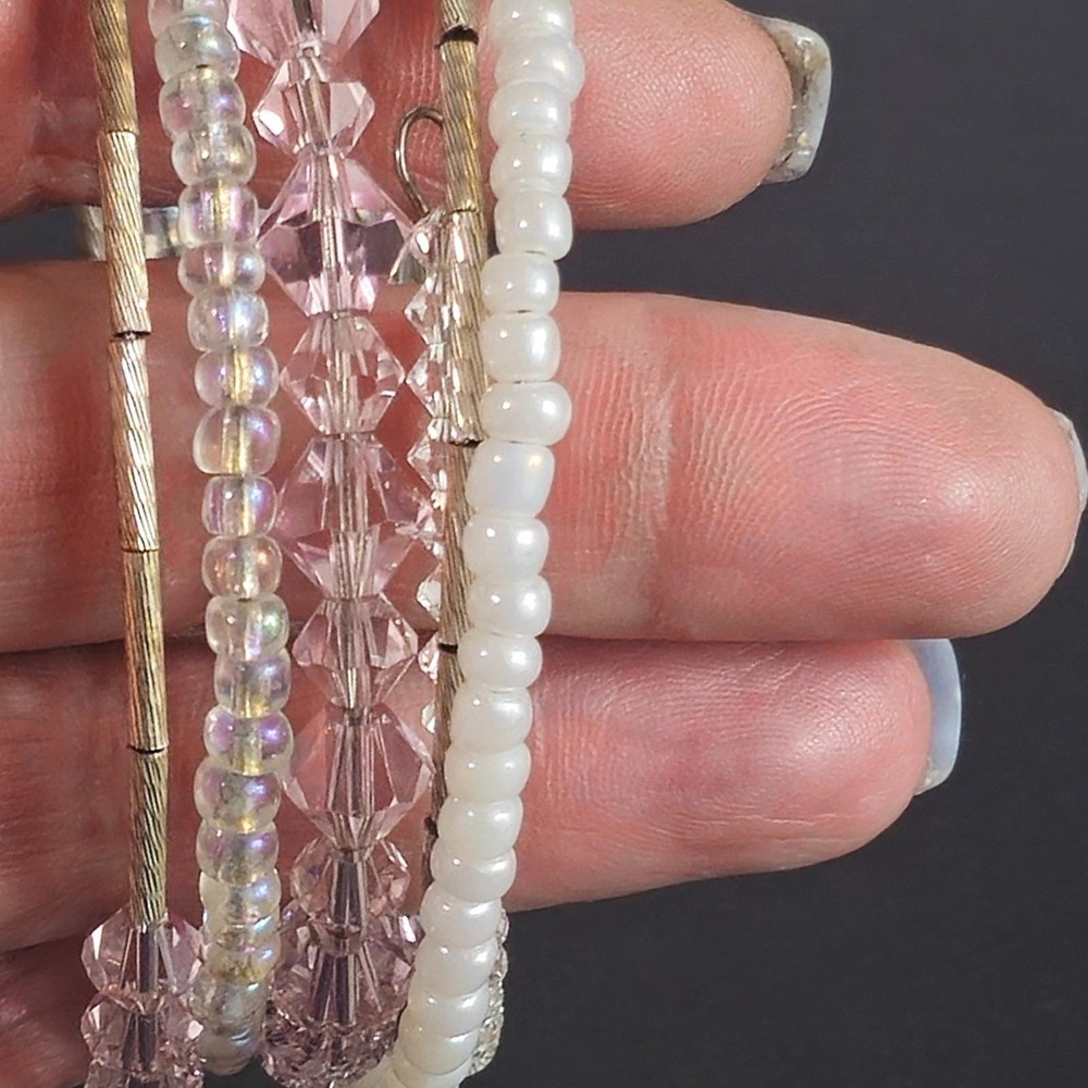 Vintage Memory Wire Glass Beaded Bracelet Pink White Silver Tone Wrap